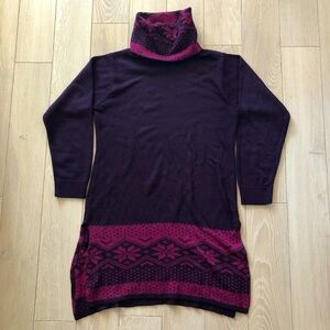 Max Fair Isle Jacquard Knit Side Slit Turtleneck Dress in Dark Purple Size L